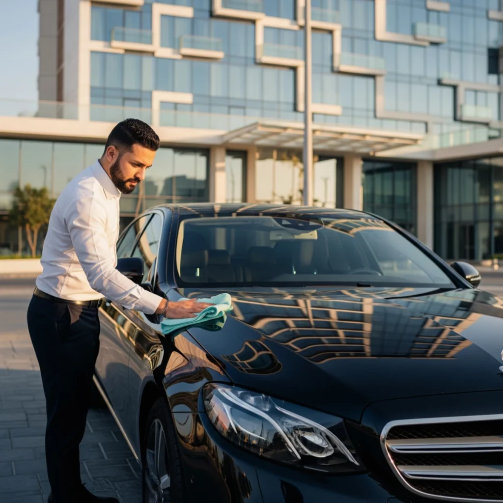 Chauffeur privé de notre service VTC de luxe à Paris apportant la touche finale de propreté à une berline Mercedes-Benz noire devant un immeuble de bureaux.